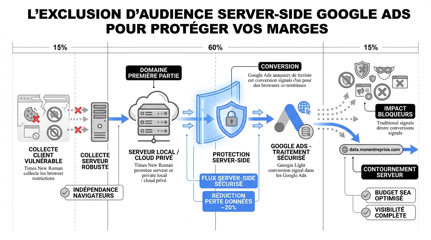 Schéma technique de l'exclusion d'audience via tracking server-side Google Ads