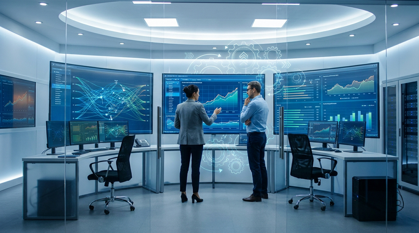 Deux professionnels analysant des graphiques de données marketing dans un centre de contrôle futuriste.
