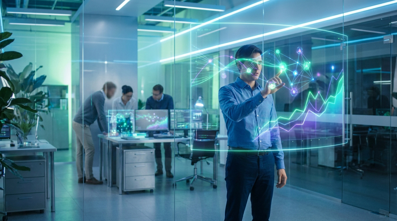 Un professionnel interagit avec une interface holographique de données dans un bureau technologique moderne.