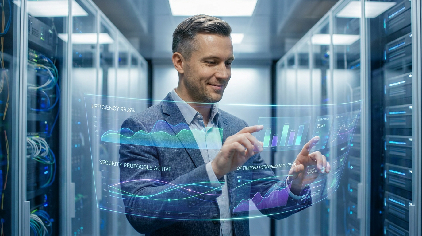 Un professionnel interagit avec une interface holographique de données dans un centre de serveurs informatiques.