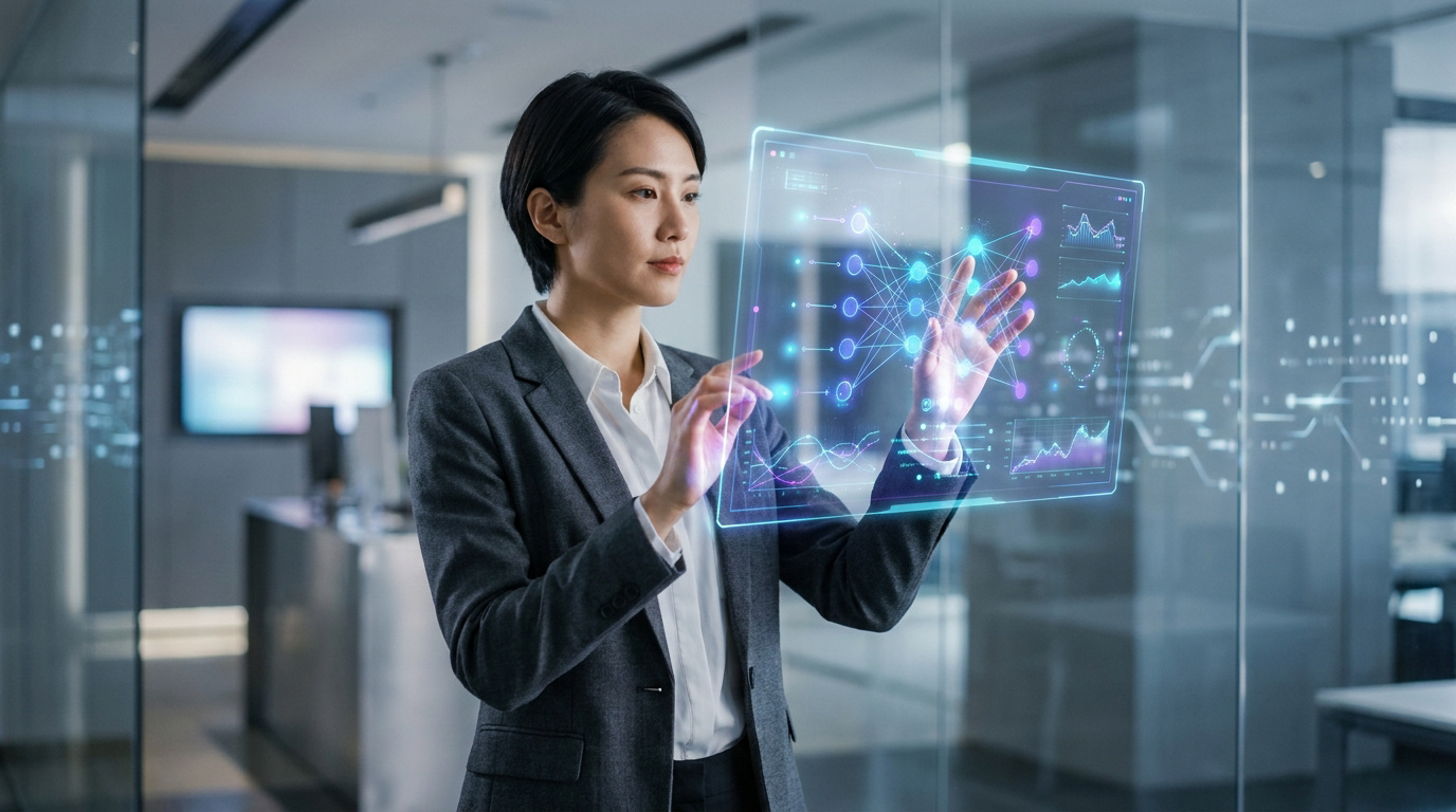 Une femme d'affaires interagissant avec une interface holographique représentant un réseau neuronal et des données.