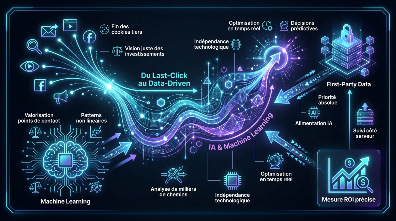 Représentation technologique de l'IA analysant des flux de données marketing pour l'attribution