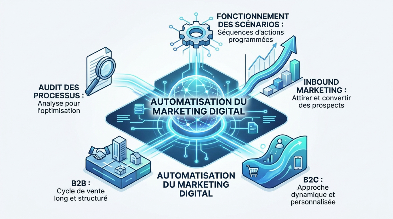 Infographie détaillant les étapes et bénéfices de l'automatisation du marketing digital