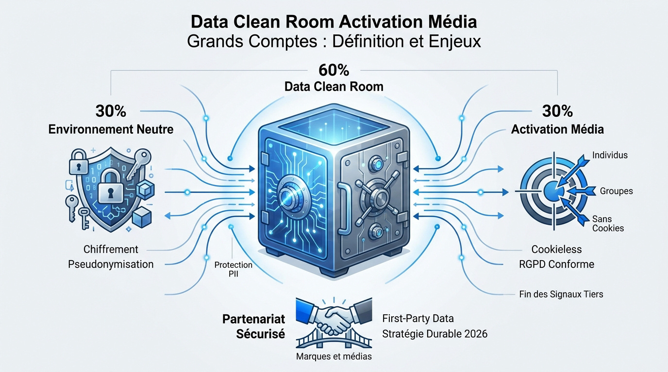 Infographie détaillant la sécurité et l'activation média via les Data Clean Rooms