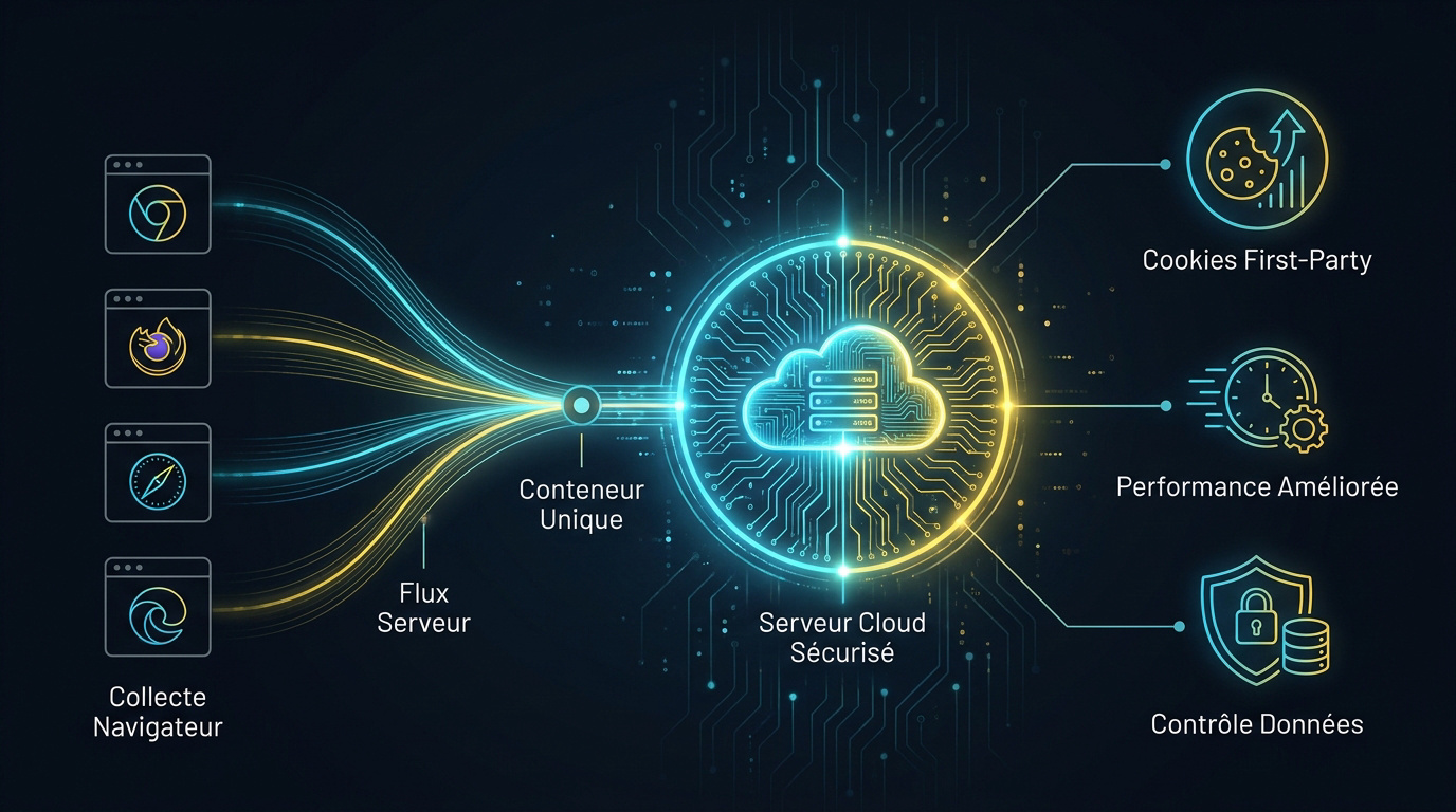 Infographie expliquant l'architecture du tracking GA4 server-side avec le rôle du conteneur serveur proxy