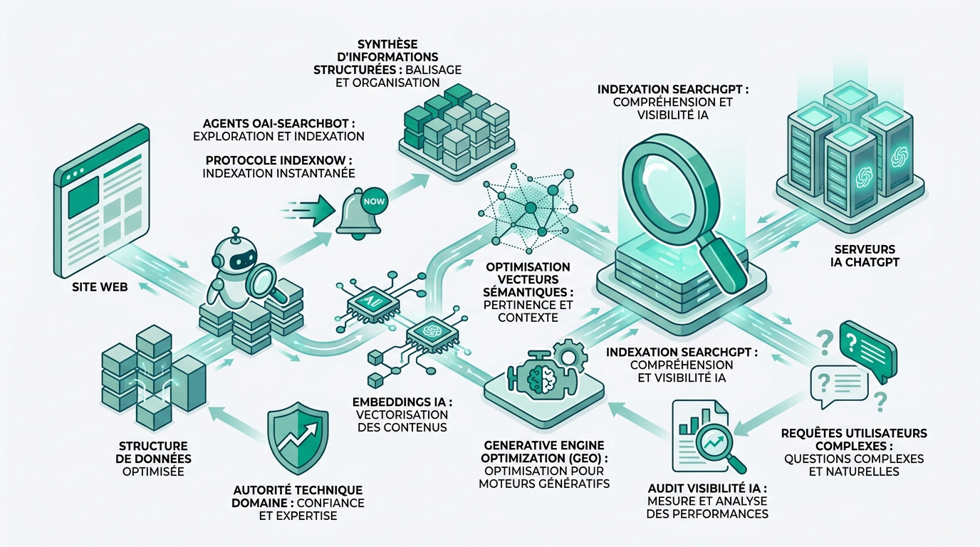 Infographie expliquant les piliers du SEO pour ChatGPT et l'optimisation GEO en 2026