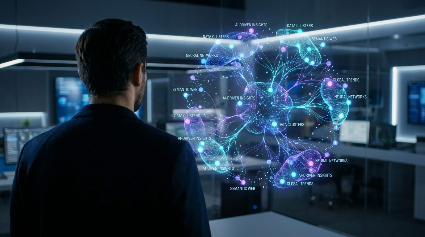 Un analyste observe une visualisation 3D holographique de réseaux neuronaux et de clusters de données SEO.