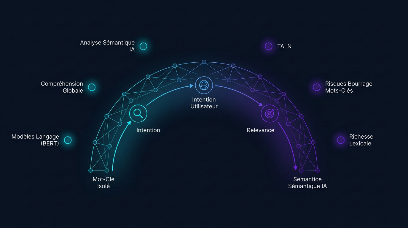Interface d'analyse sémantique illustrant le passage du mot-clé à l'intention utilisateur via l'IA