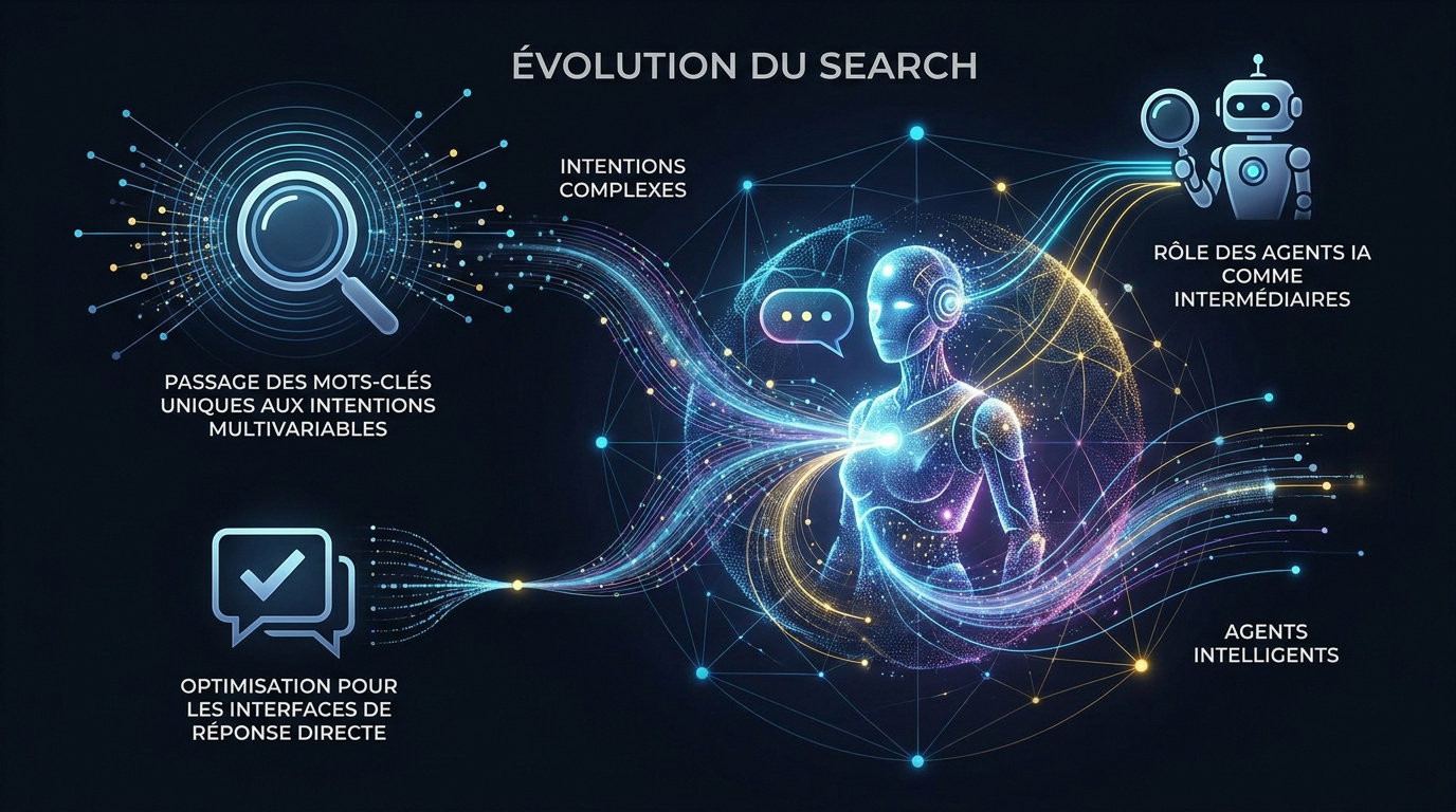 Représentation futuriste de l'évolution du search par l'intelligence artificielle en 2027