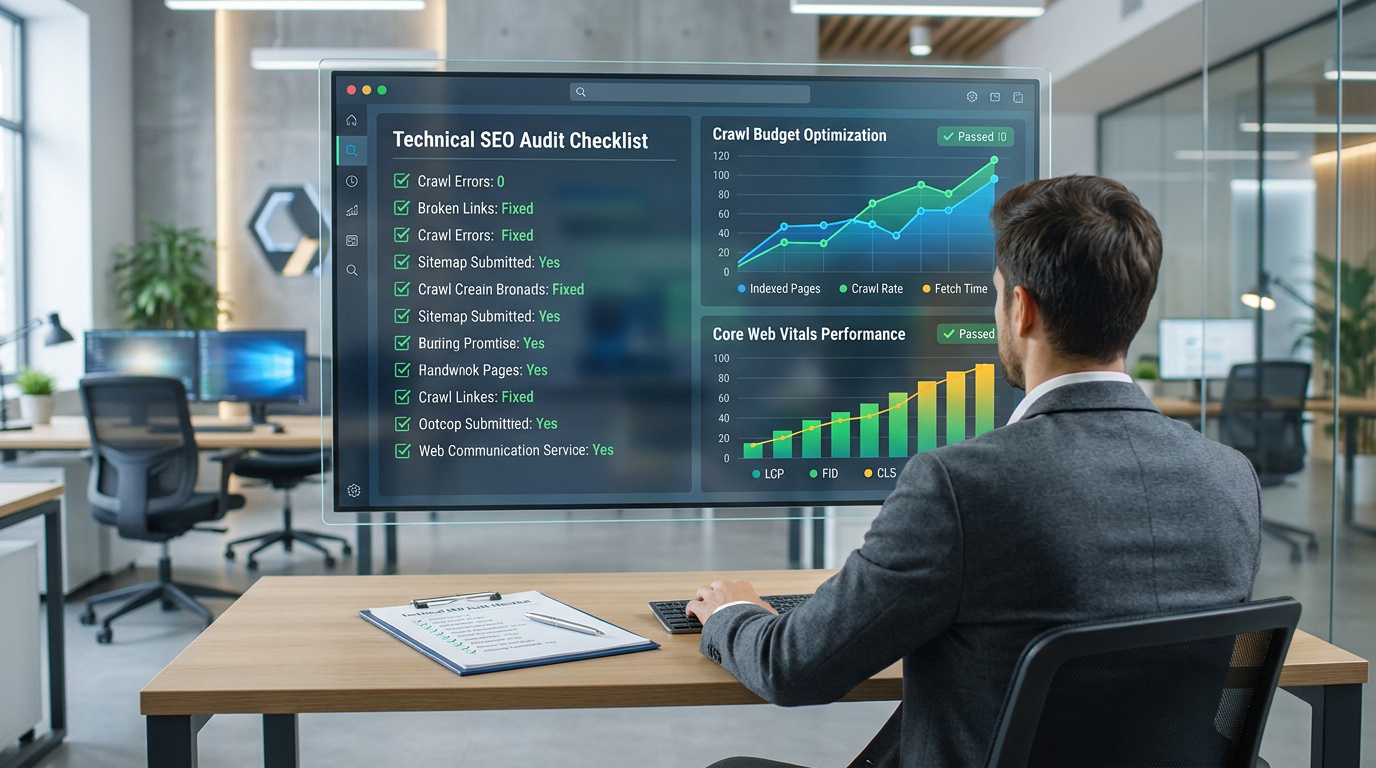 Un homme en costume devant un écran affichant une checklist d'audit SEO technique avec des graphiques de performance.