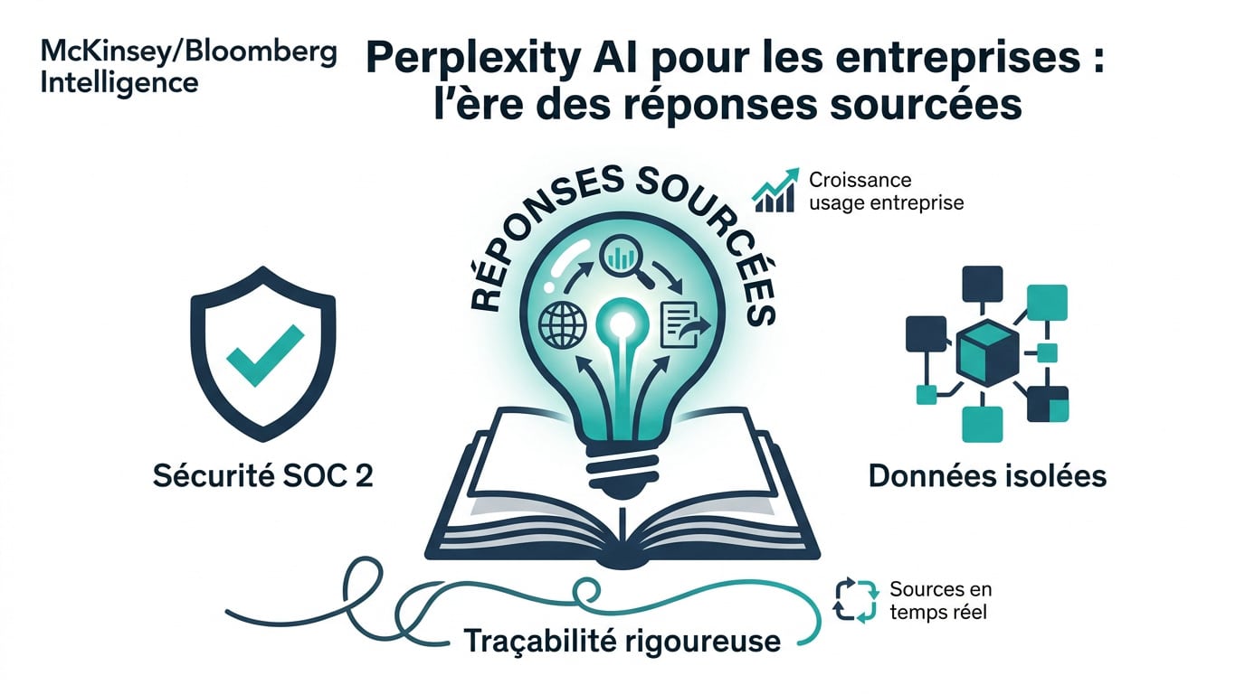 Interface de Perplexity AI affichant des réponses structurées et des sources web pour les entreprises