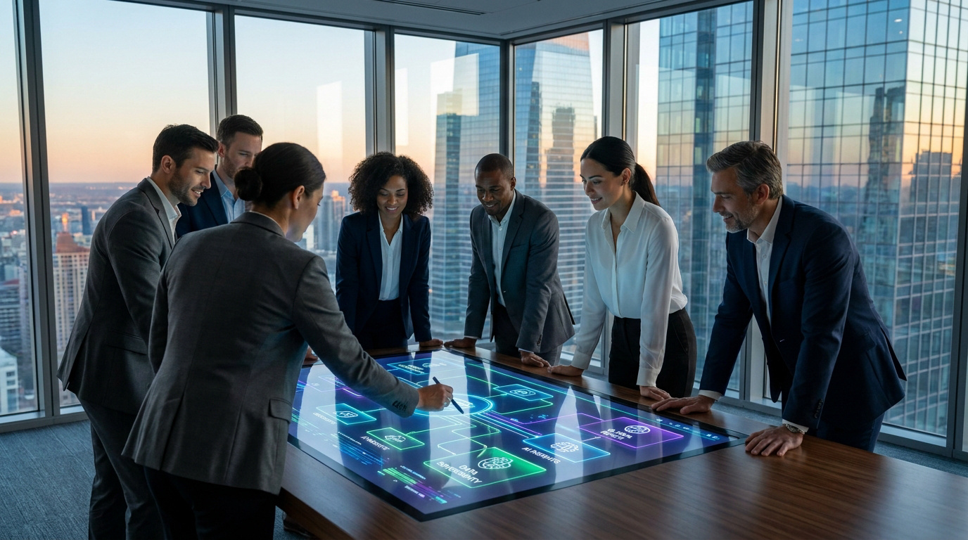Une équipe de professionnels en costume travaille sur une table tactile interactive affichant des flux de données.