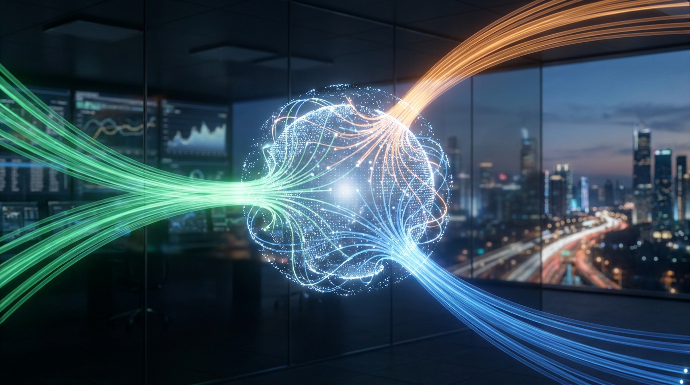 Sphère numérique connectée par des flux de données lumineux dans un bureau avec vue sur une ville la nuit.