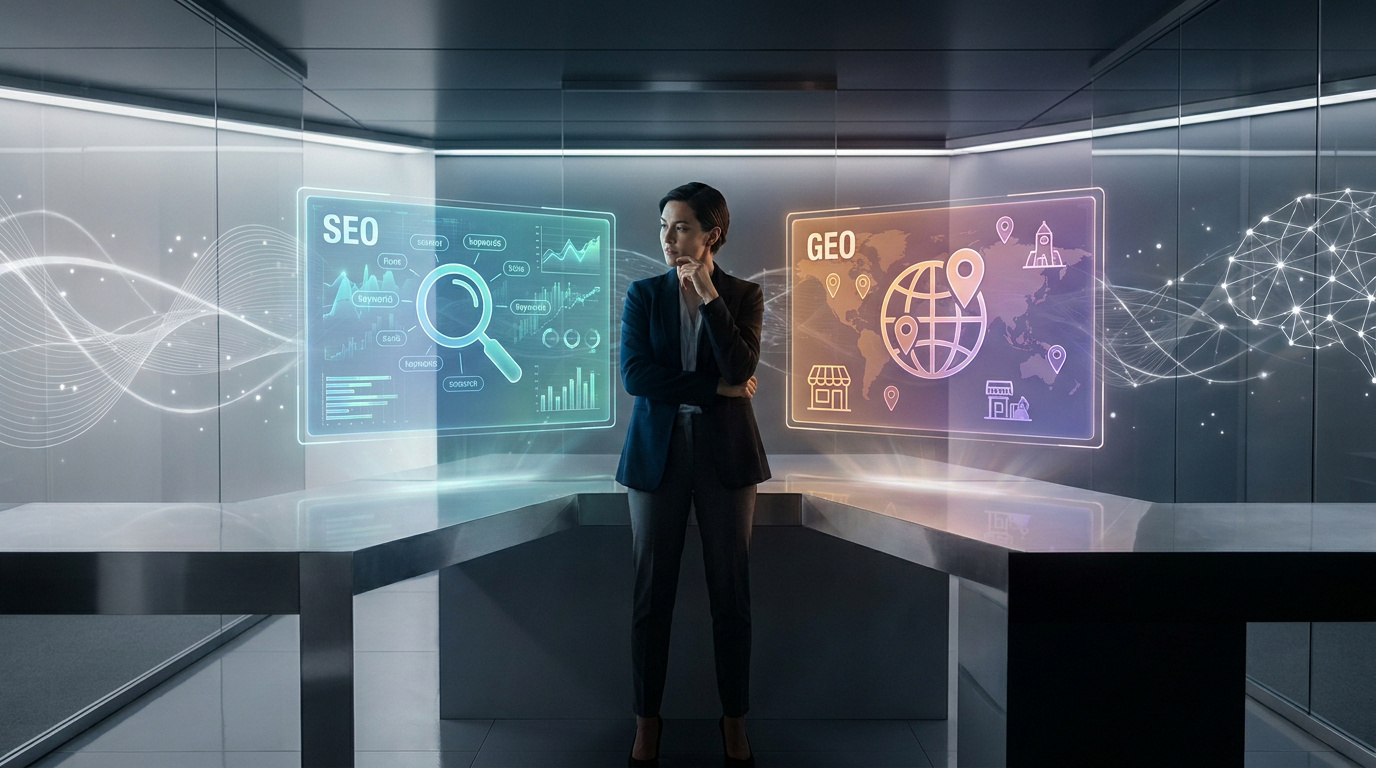 Une femme d'affaires réfléchit devant des écrans holographiques affichant des données SEO et GEO futuristes.