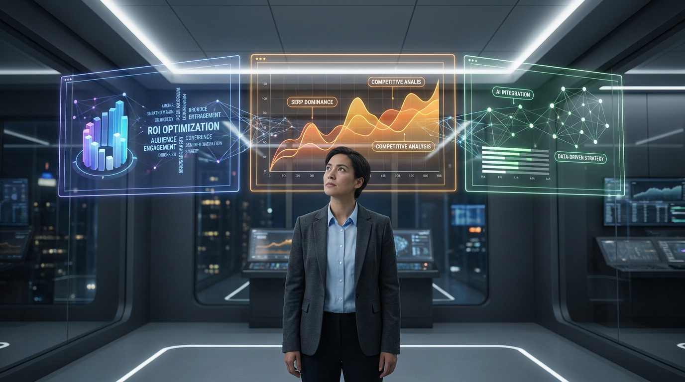 Professionnelle analysant des graphiques SEO et des données de performance sur des interfaces holographiques futuristes.