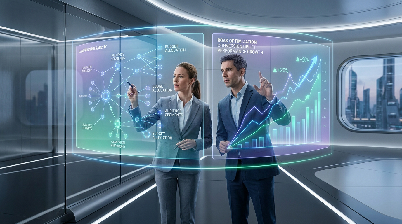 Deux professionnels analysent des données de performance et de hiérarchie de campagne sur un écran holographique futuriste.
