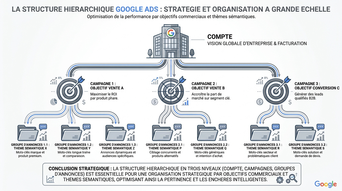 Schéma de la structure hiérarchique Google Ads pour grands comptes incluant les niveaux compte, campagne et groupe d'annonces