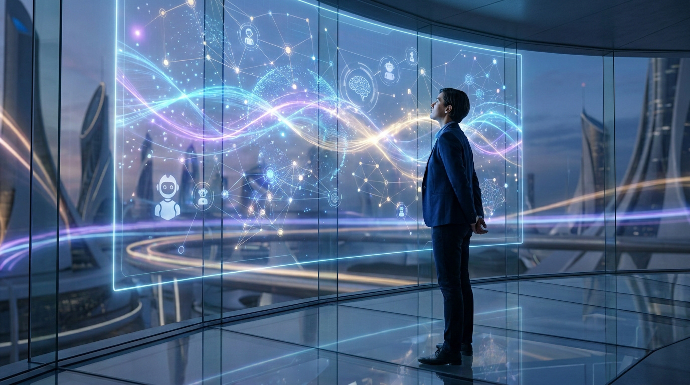 Un professionnel observe une interface numérique futuriste représentant l'intelligence artificielle et le SEO mondial.