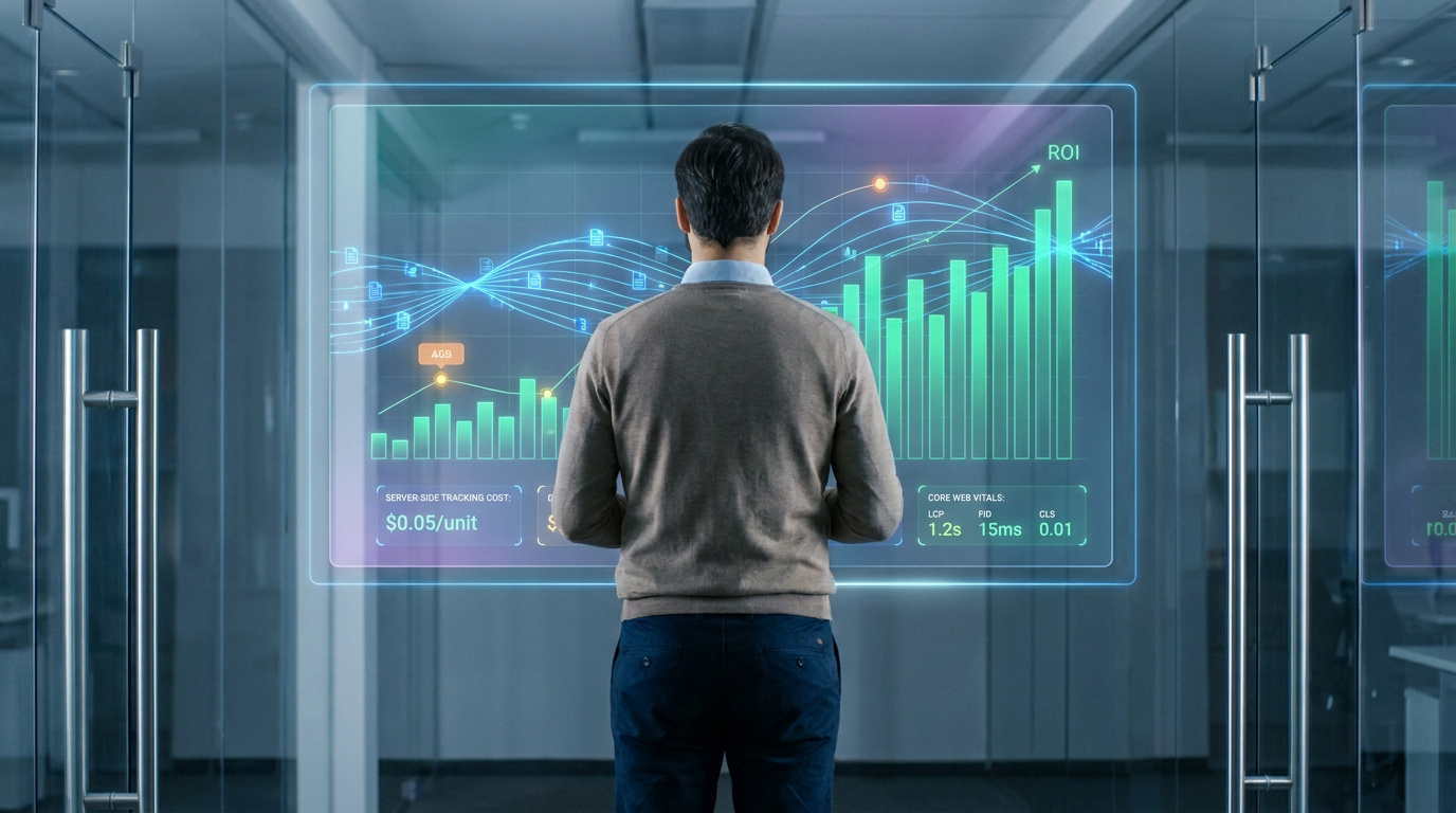 Un homme d'affaires observant un tableau de bord numérique flottant affichant des données de tracking server-side.