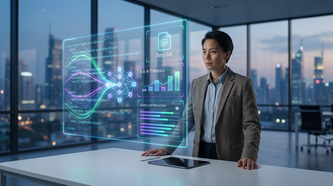 Une professionnelle devant un écran holographique affichant du code, des métriques E-E-A-T et des données d'optimisation.