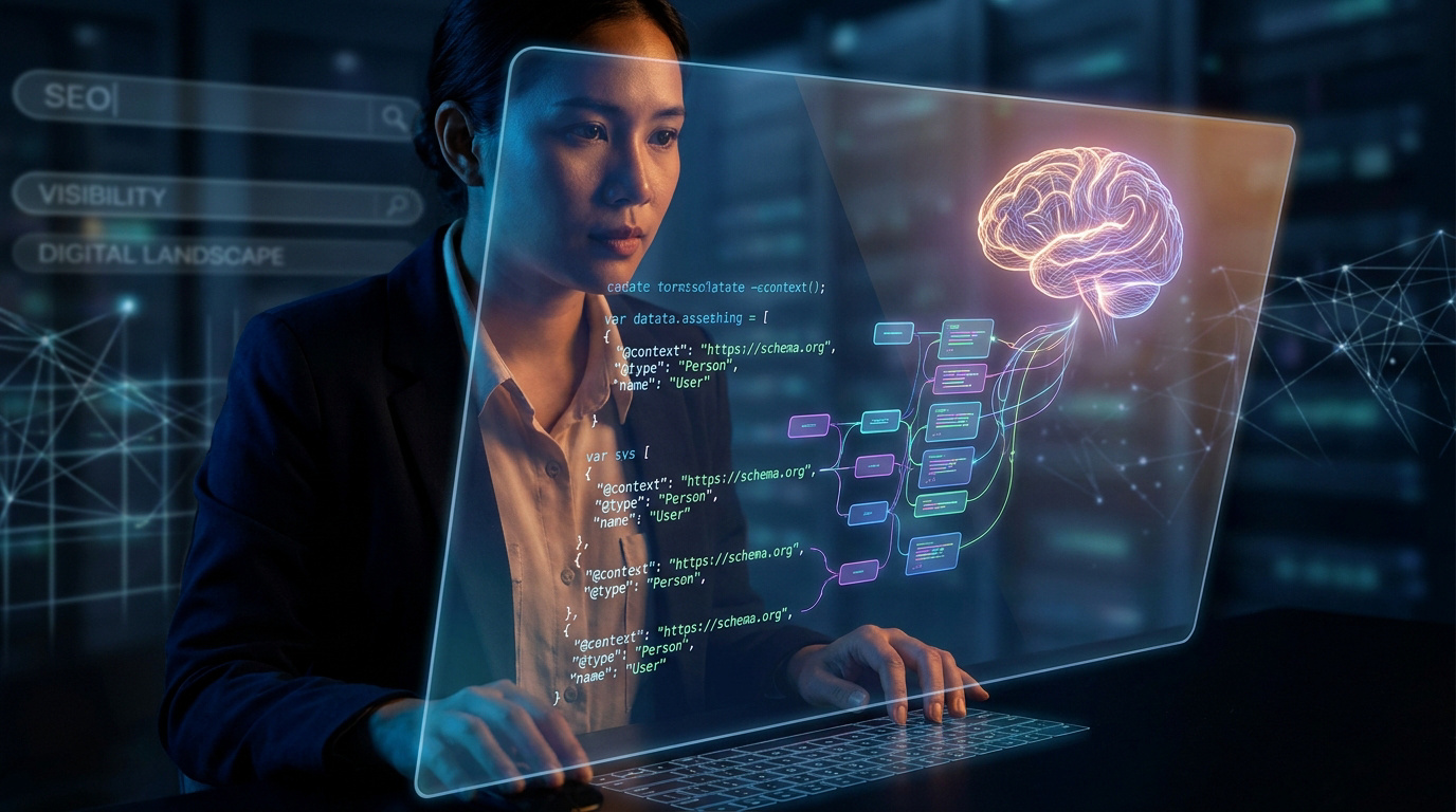 Une femme devant un écran holographique affichant du code Schema.org et un cerveau numérique.