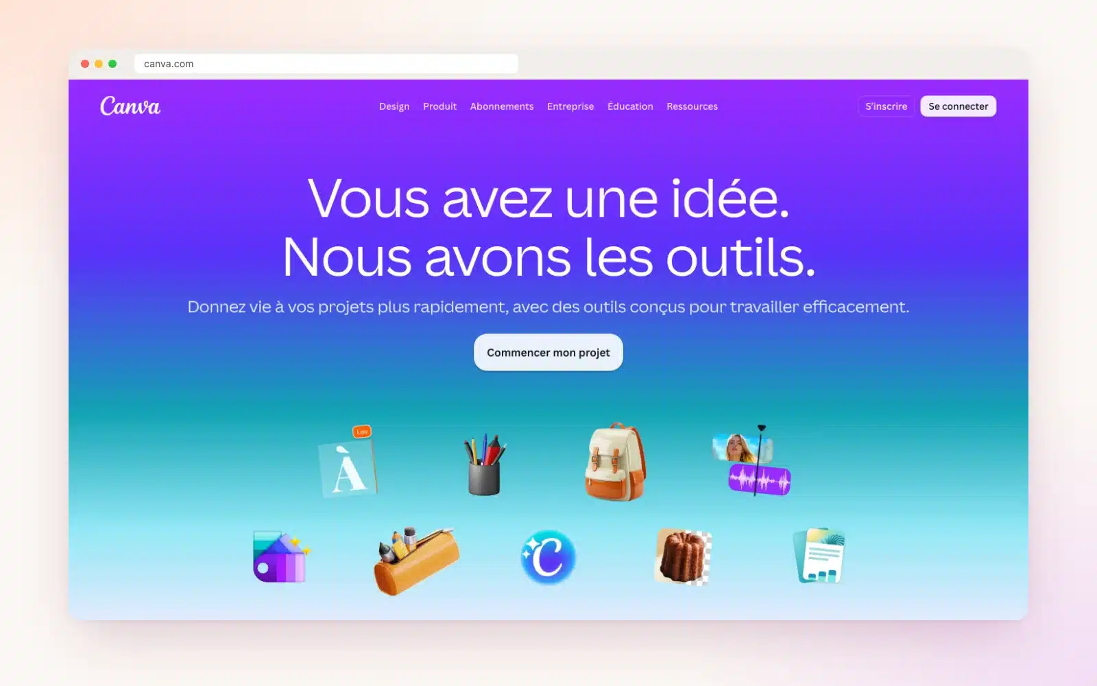 Page d'accueil de Canva avec outils créatifs.