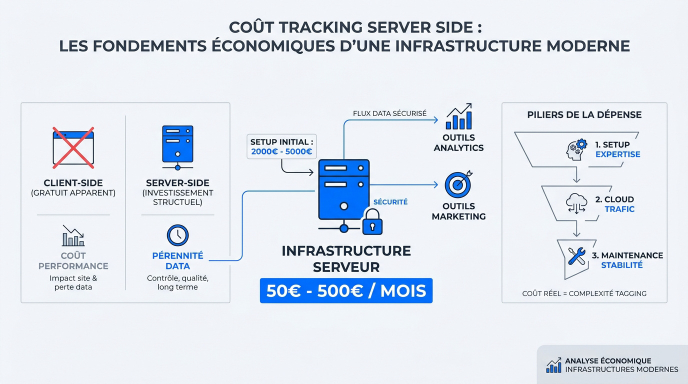 Schéma des flux de données et coûts du tracking server-side