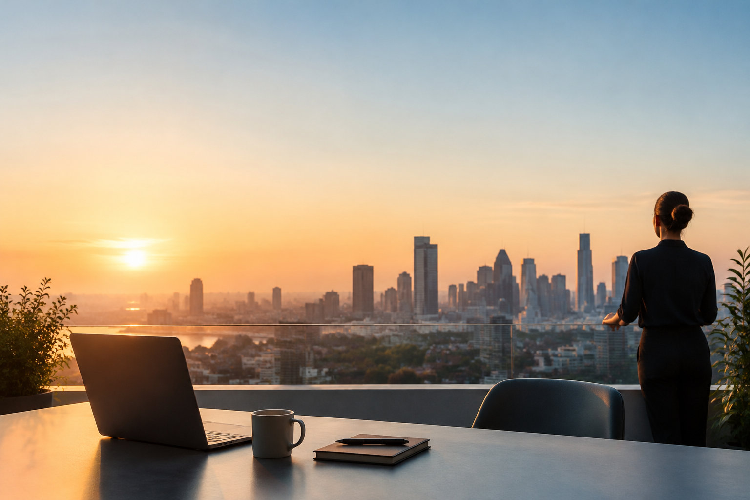 Une femme d'affaires regarde un coucher de soleil sur une ligne d'horizon urbaine depuis un bureau en terrasse.