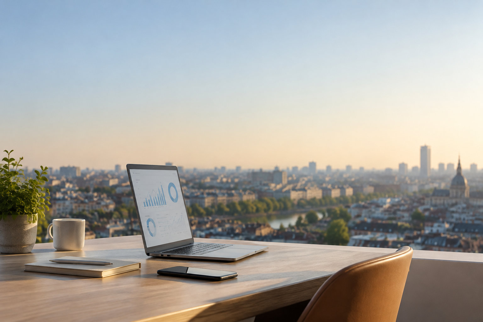 Ordinateur portable avec graphiques marketing sur un bureau face à une vue panoramique sur la ville au coucher du soleil.