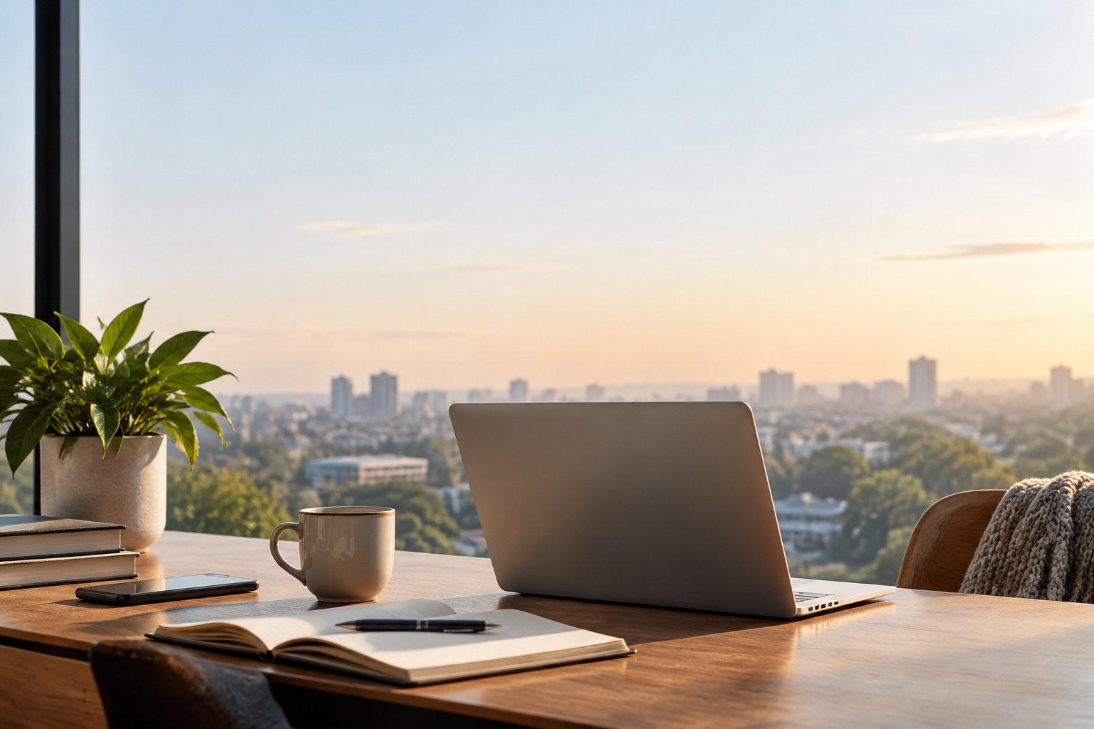 Un ordinateur portable sur un bureau face à une vue panoramique urbaine au coucher du soleil.