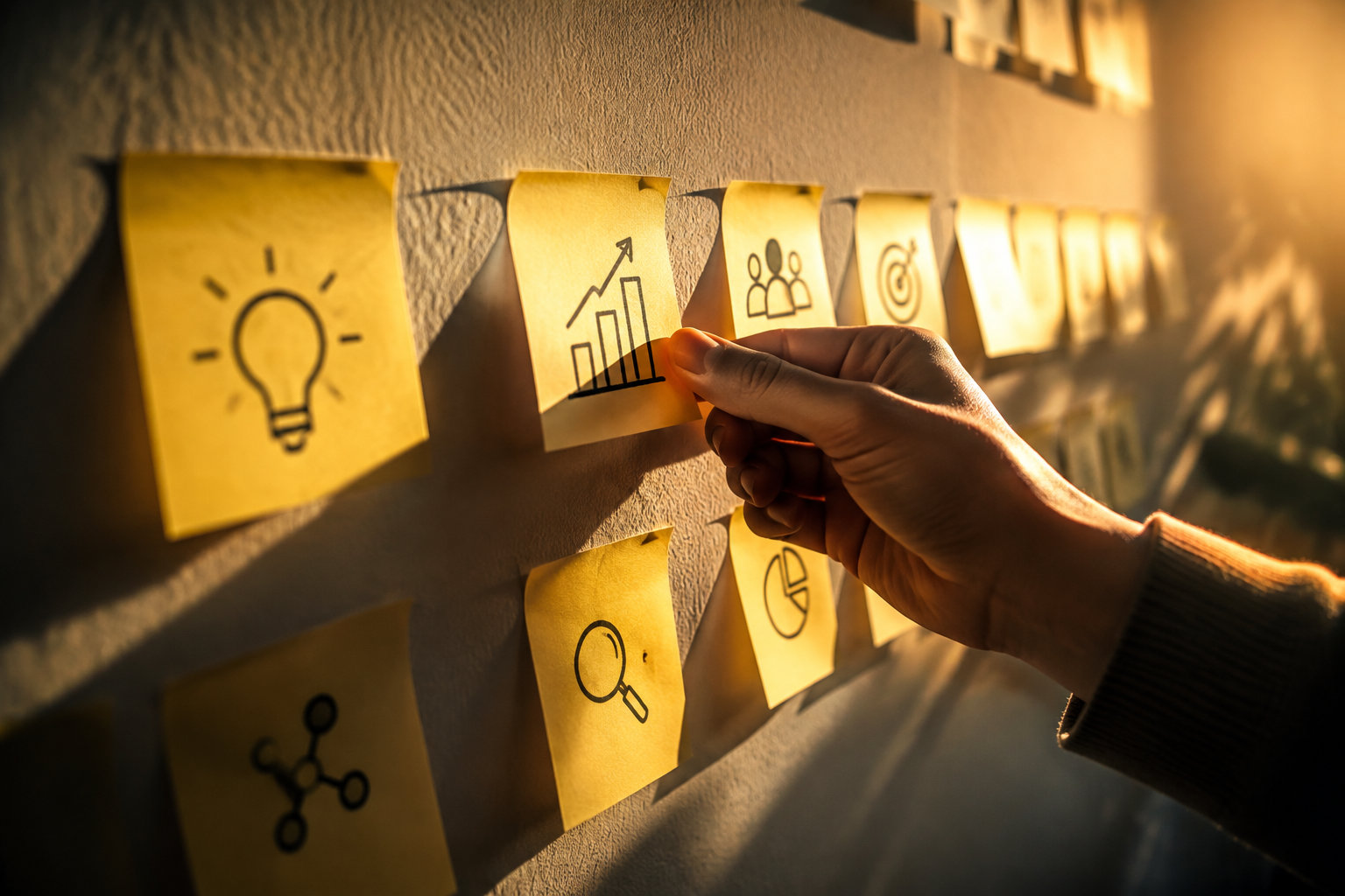 Une main place un post-it jaune avec une icône de croissance sur un mur recouvert d'idées marketing.