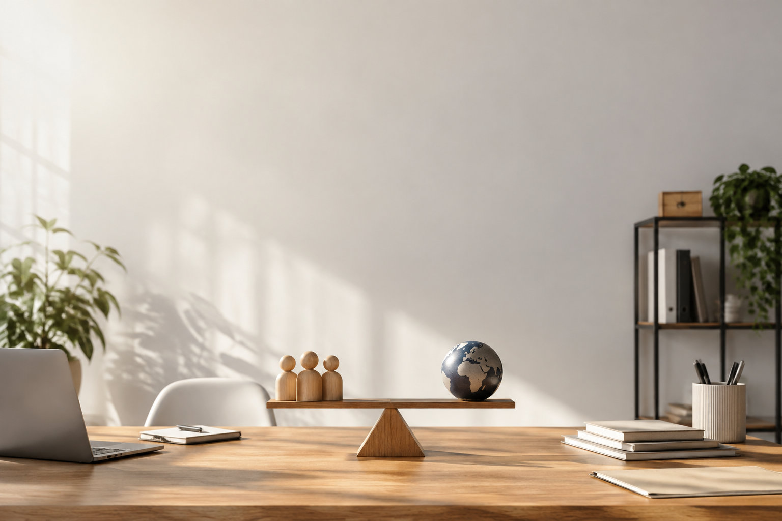 Une balance en bois sur un bureau avec trois figurines humaines d'un côté et un globe terrestre de l'autre.