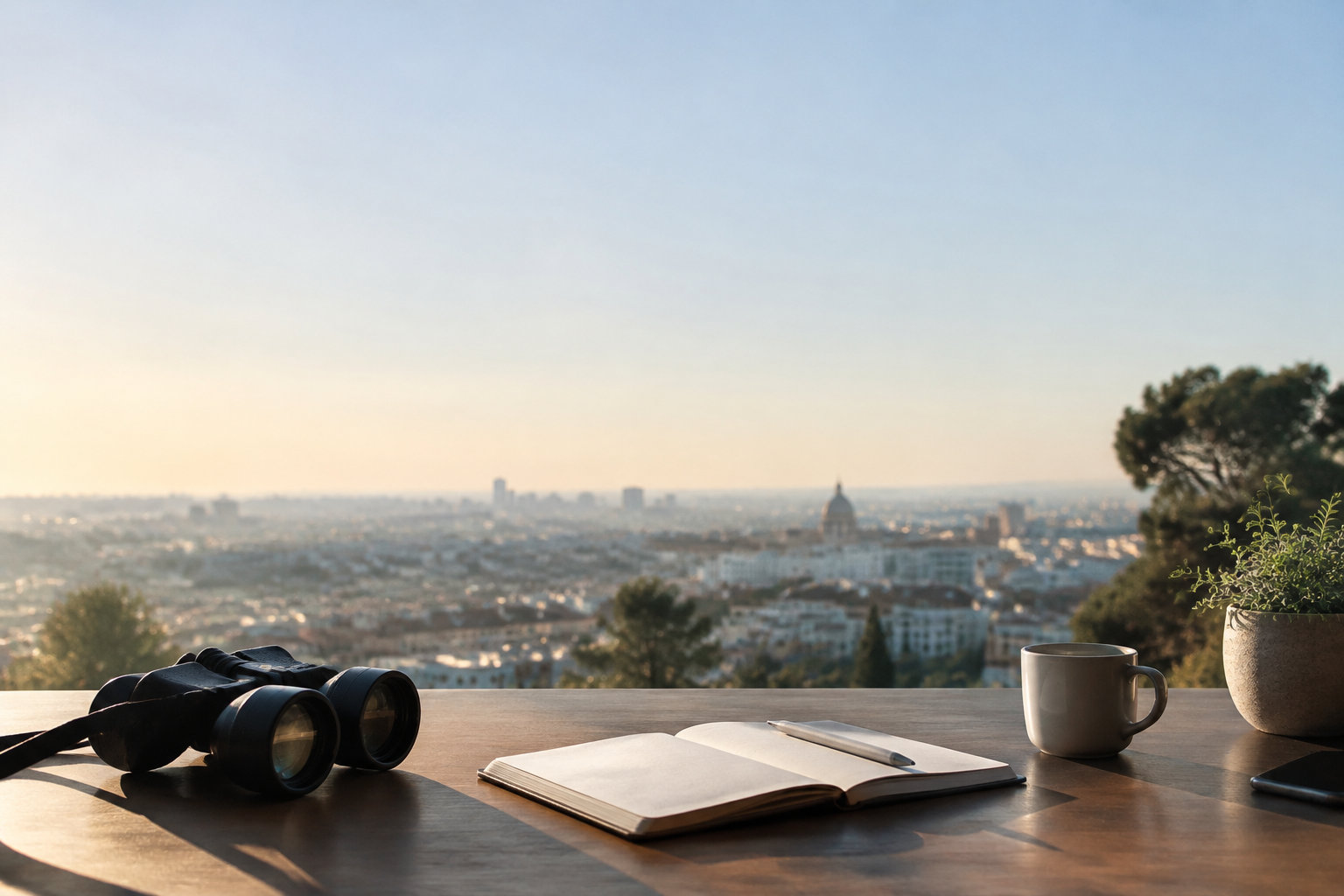 Jumelles, carnet ouvert et tasse de café sur une table face à une vue panoramique urbaine ensoleillée.