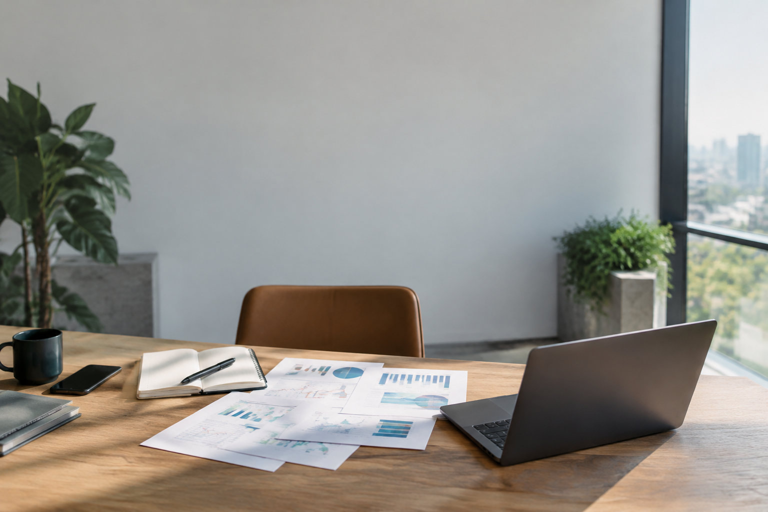 Bureau de travail lumineux avec ordinateur, documents financiers et graphiques pour un audit SEA.