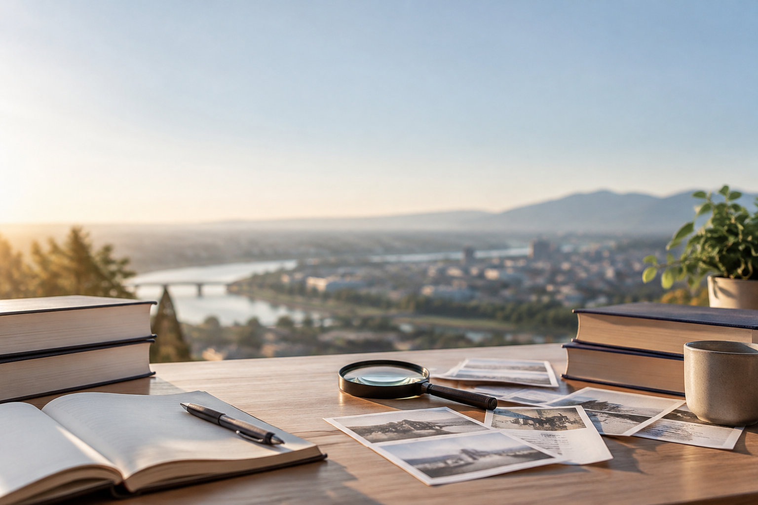 Bureau en bois avec livres, loupe, carnet et vieilles photos devant une vue panoramique sur une ville et un fleuve.