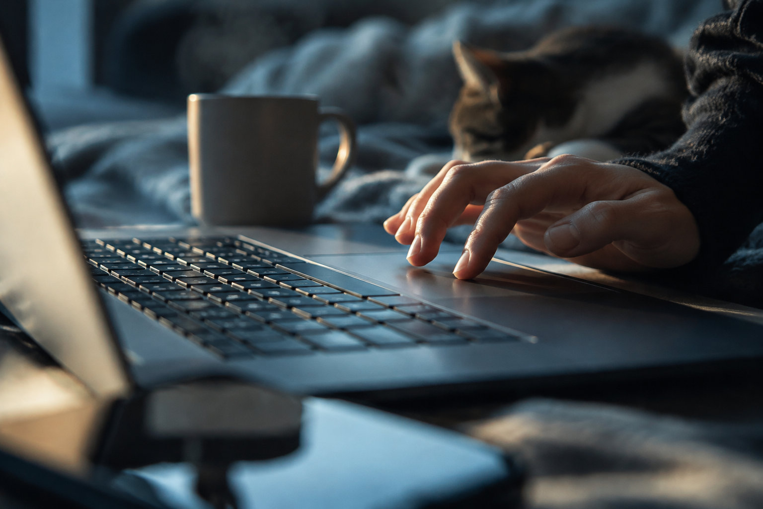 Main utilisant le pavé tactile d'un ordinateur portable, avec une tasse de café et un chat flou en arrière-plan.