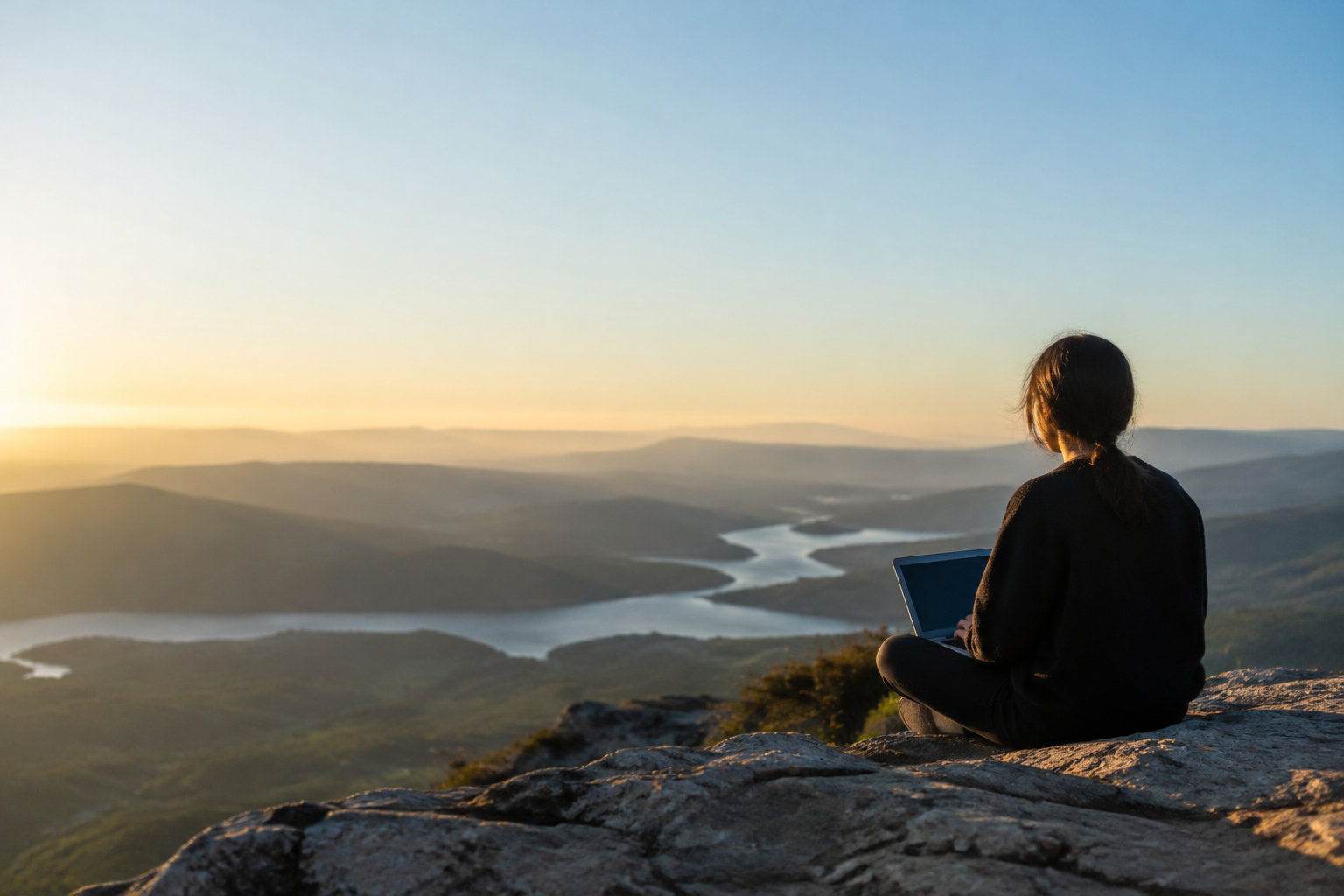 Une personne travaillant sur un ordinateur portable au sommet d'une montagne avec vue sur un lac au coucher du soleil.