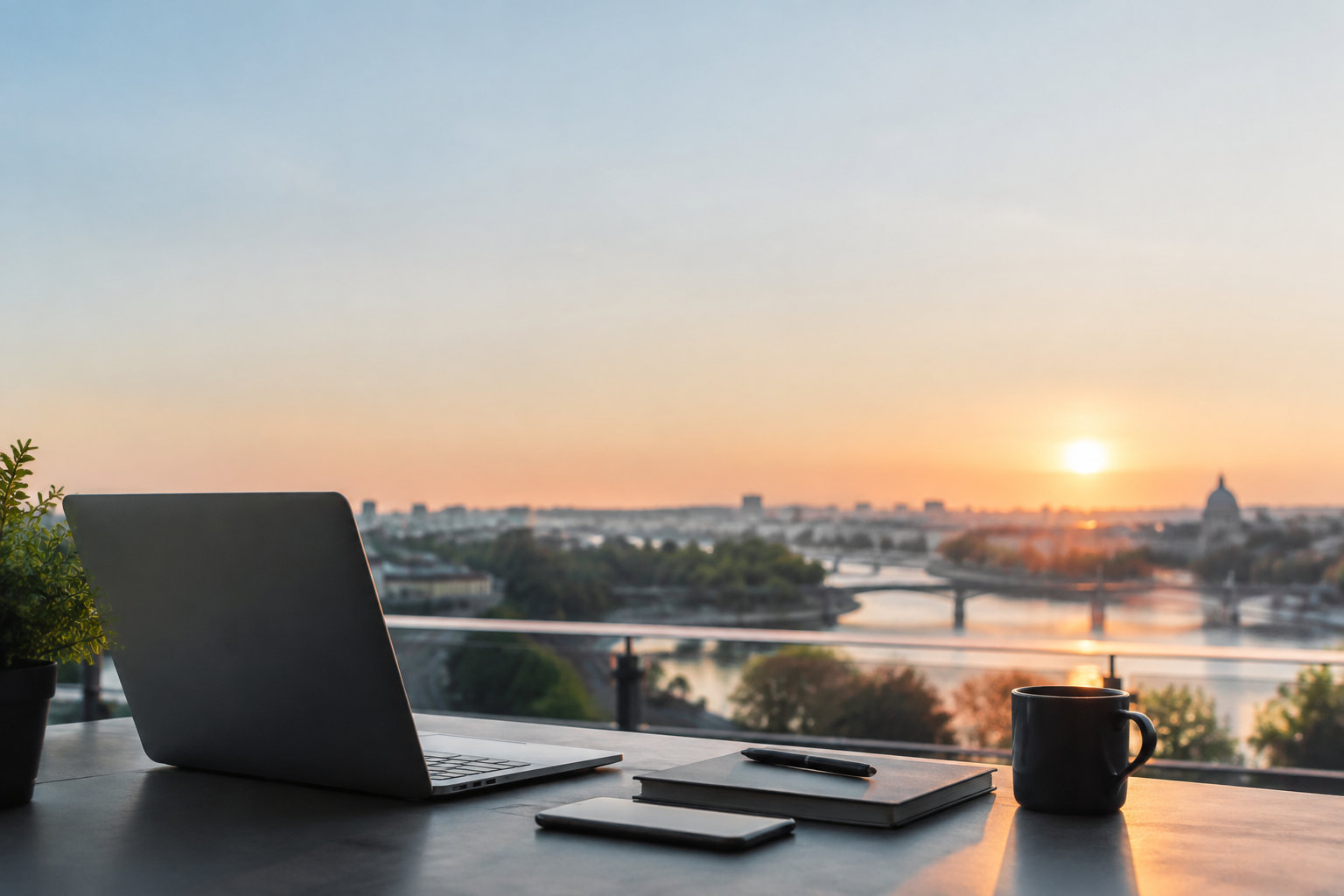 Ordinateur portable, carnet et tasse de café sur une table face à un coucher de soleil au-dessus d'une ville.