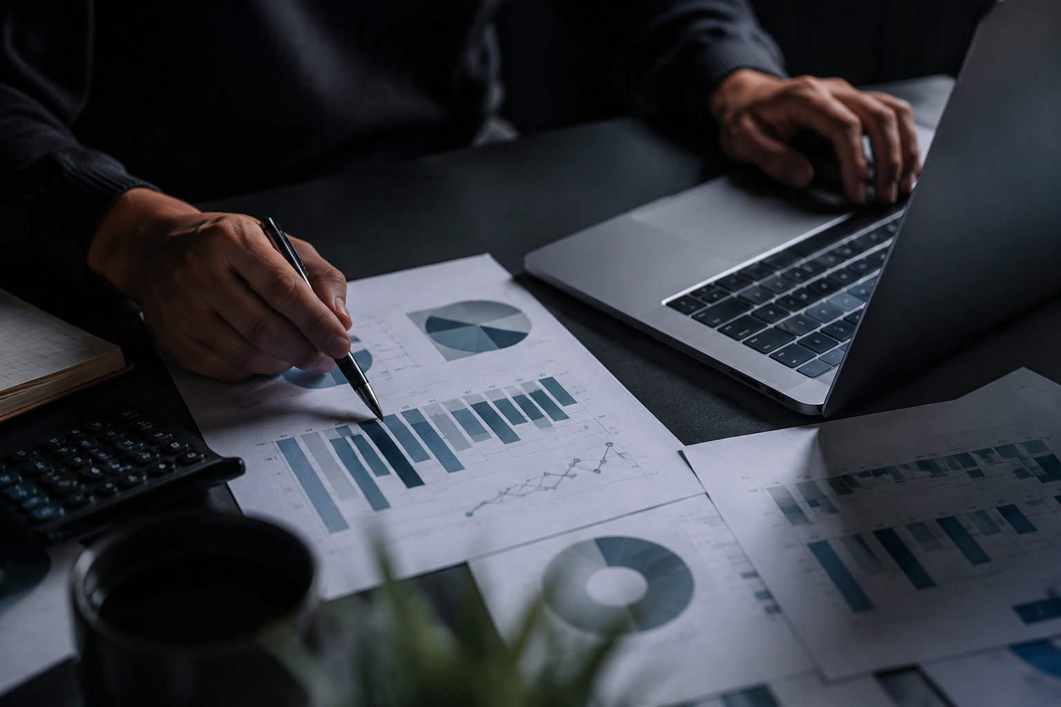 Professionnel analysant des graphiques de performance et des données financières sur un bureau sombre avec un ordinateur.