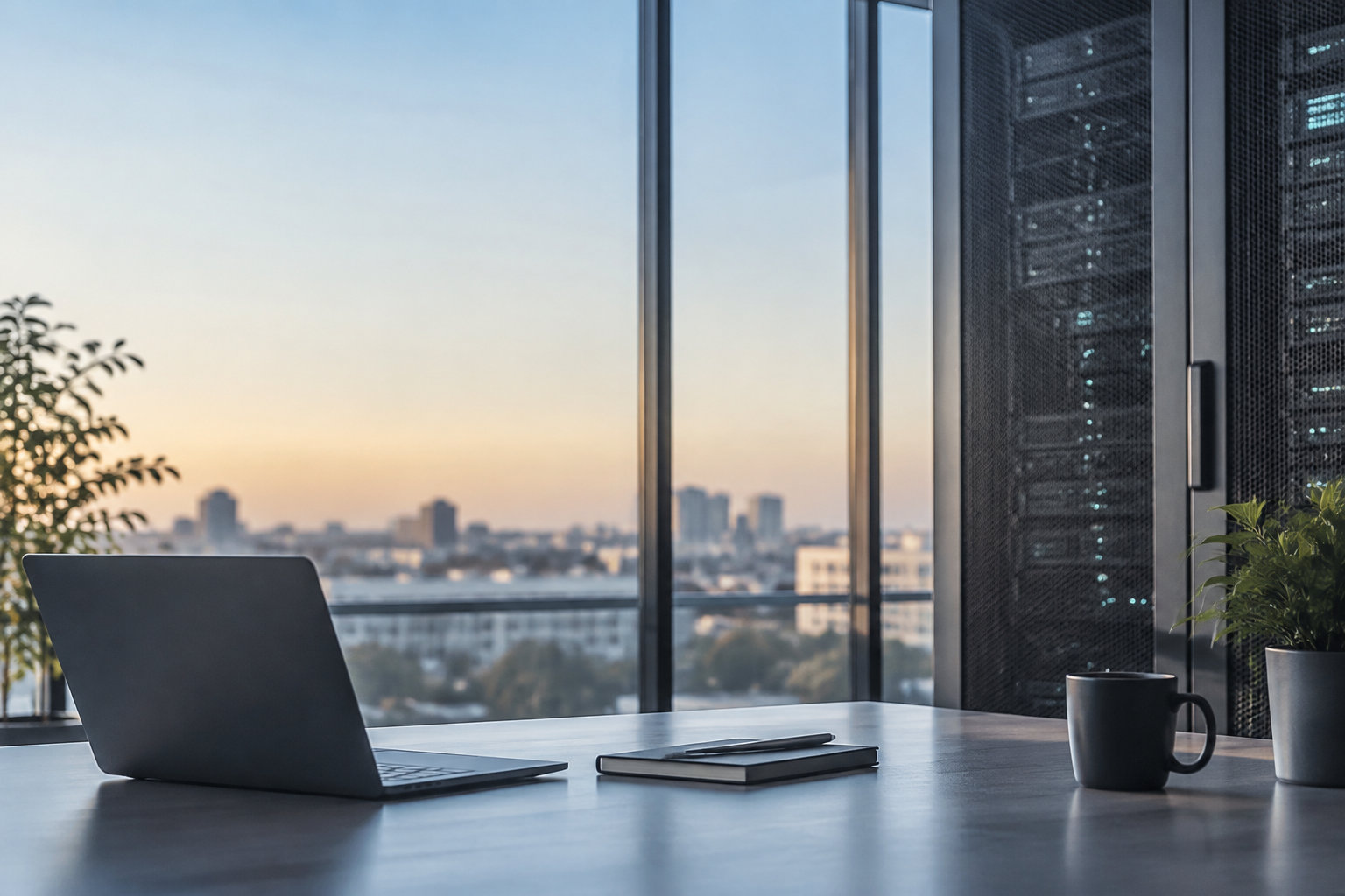 Ordinateur portable et serveur dans un bureau avec vue panoramique sur la ville au coucher du soleil.