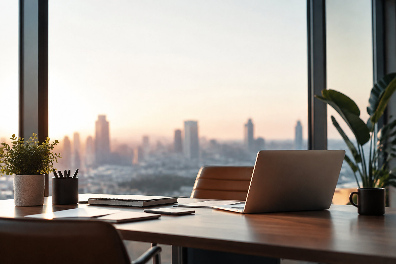 Un bureau professionnel épuré avec un ordinateur portable, une plante et une vue panoramique sur une ville au crépuscule.