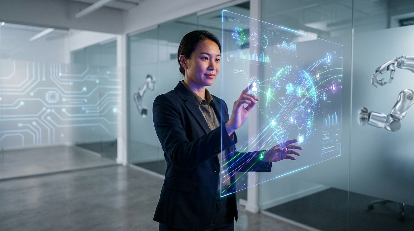 Une femme d'affaires interagit avec une interface numérique holographique représentant des flux de données mondiaux.