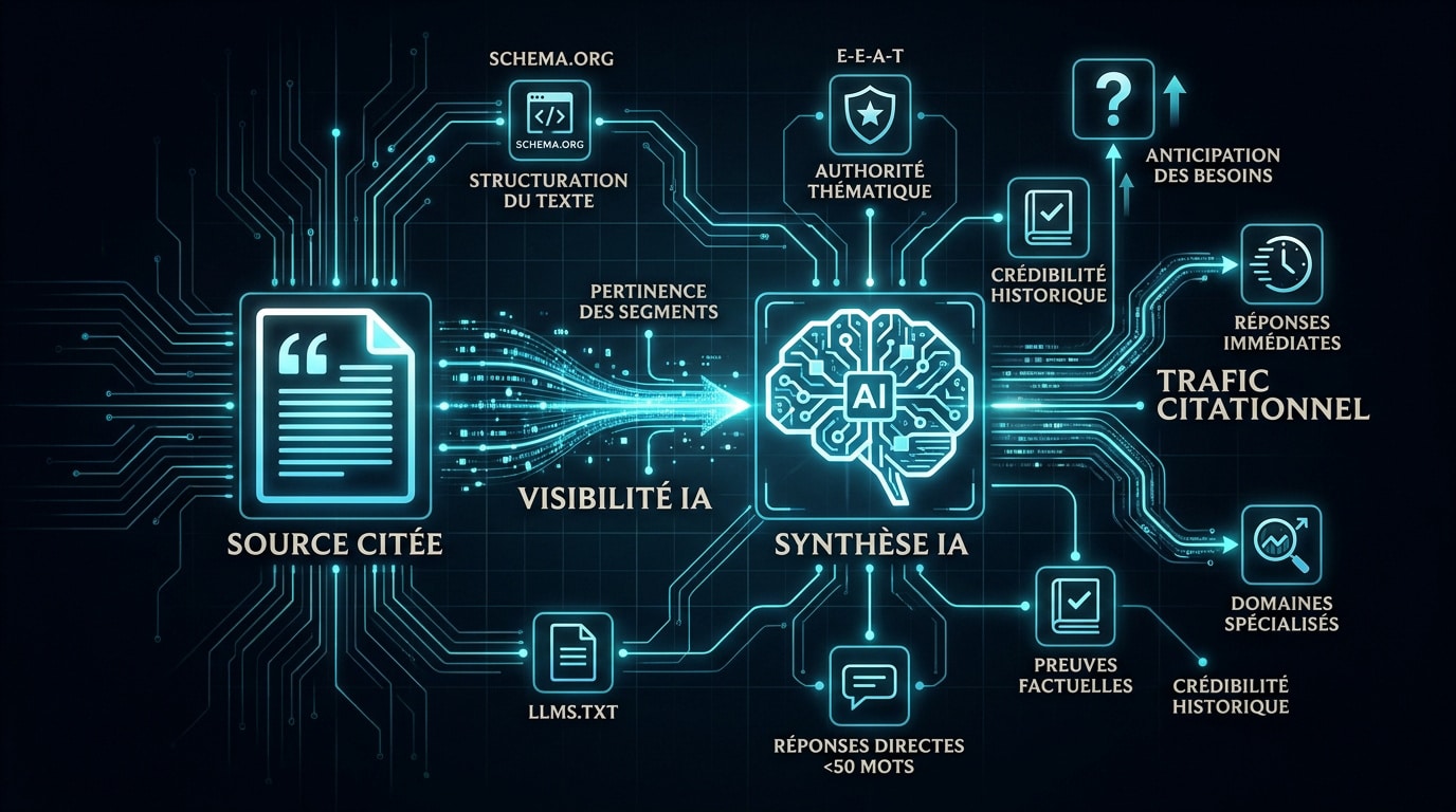 Infographie détaillant le flux de données entre les sources web et la synthèse par les modèles de langage IA