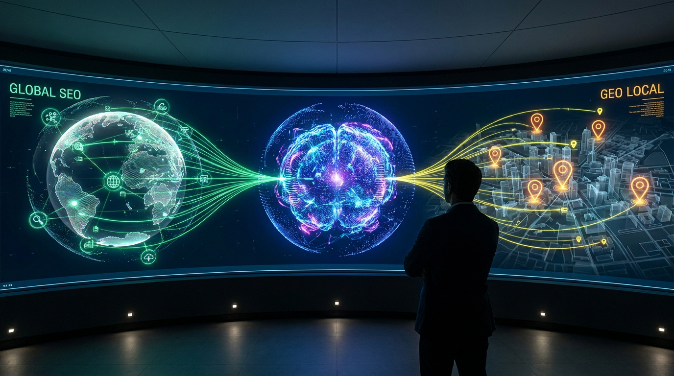 Un homme observe un écran géant affichant un globe numérique et une carte urbaine connectés par une intelligence artificielle.