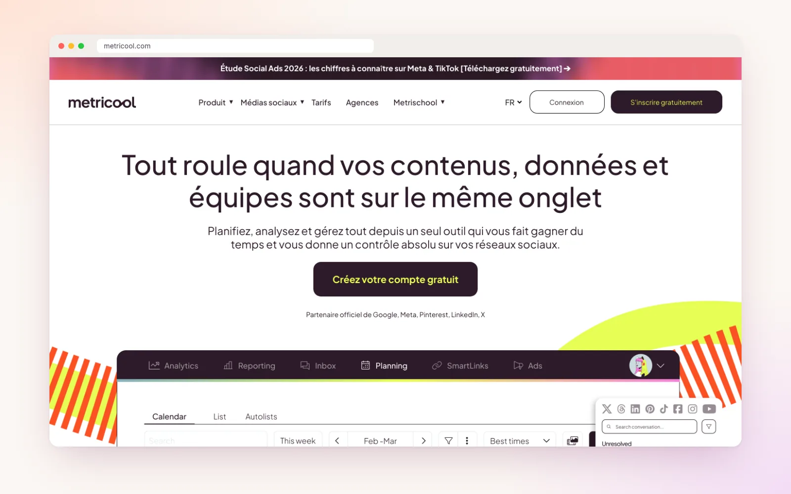 Page d'accueil Metricool avec options d'inscription gratuite.