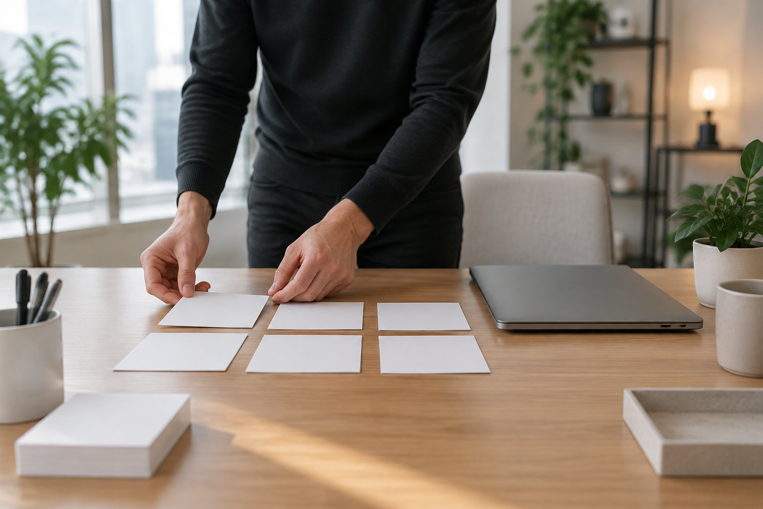 Une personne en vêtements noirs dispose des cartes blanches sur un bureau en bois, à côté d’un ordinateur portable fermé, de pots à crayons et de plantes.