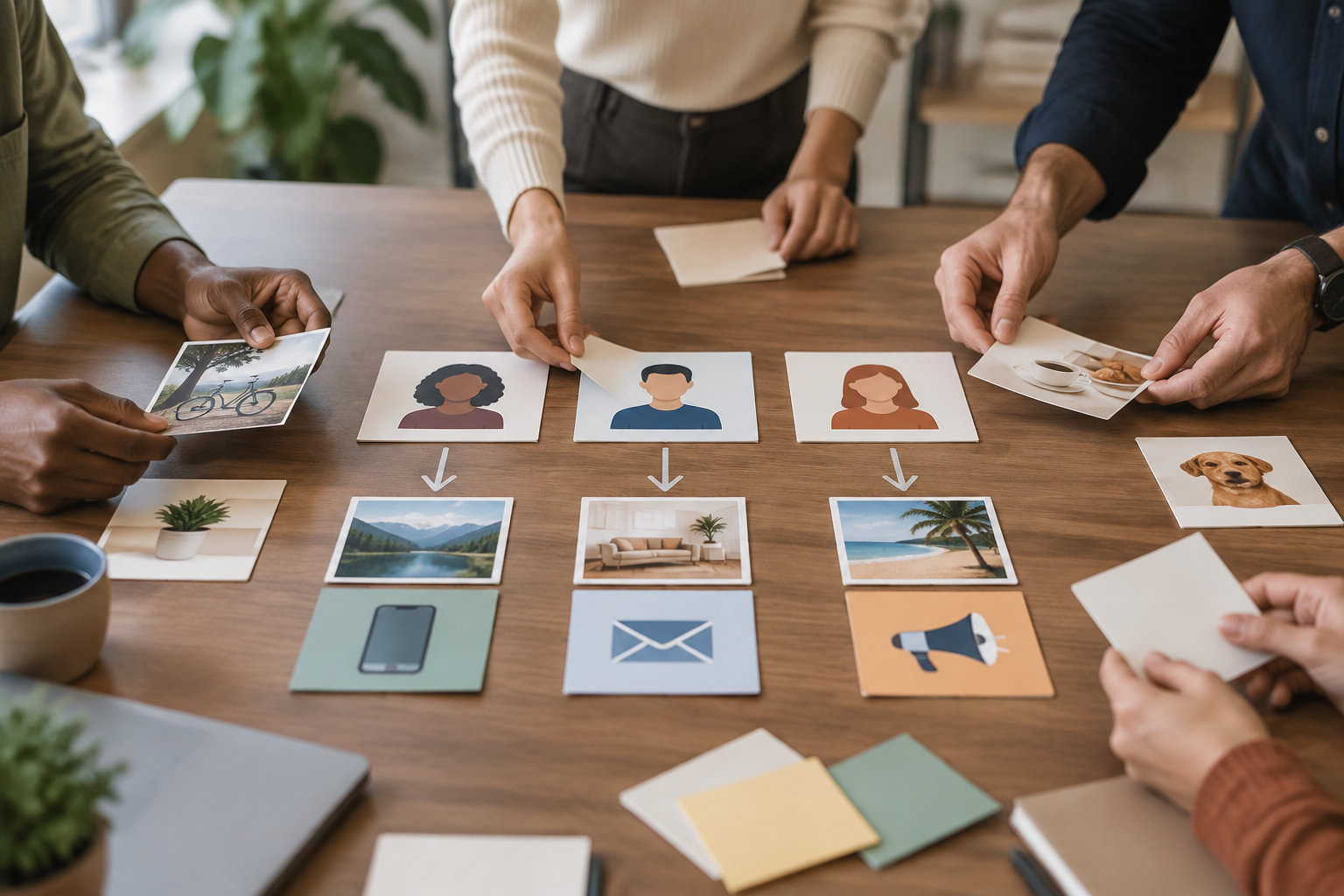 Plusieurs personnes disposent des cartes illustrées sur une table en bois, avec des portraits, des photos et des pictogrammes reliés par des flèches.