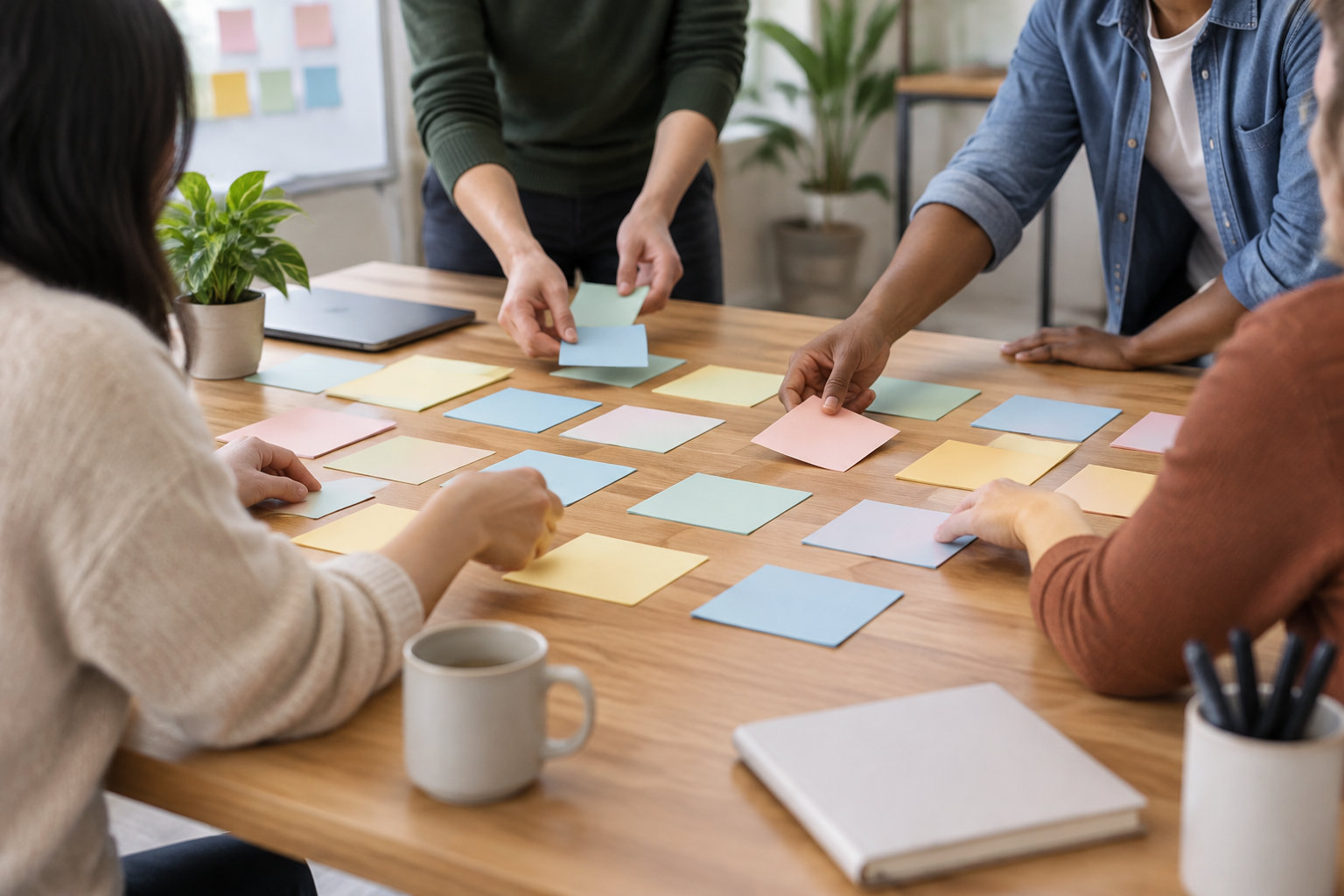 Plusieurs personnes disposent des notes autocollantes colorées sur une table lors d’une réunion, avec un ordinateur, une tasse, un carnet et des plantes.