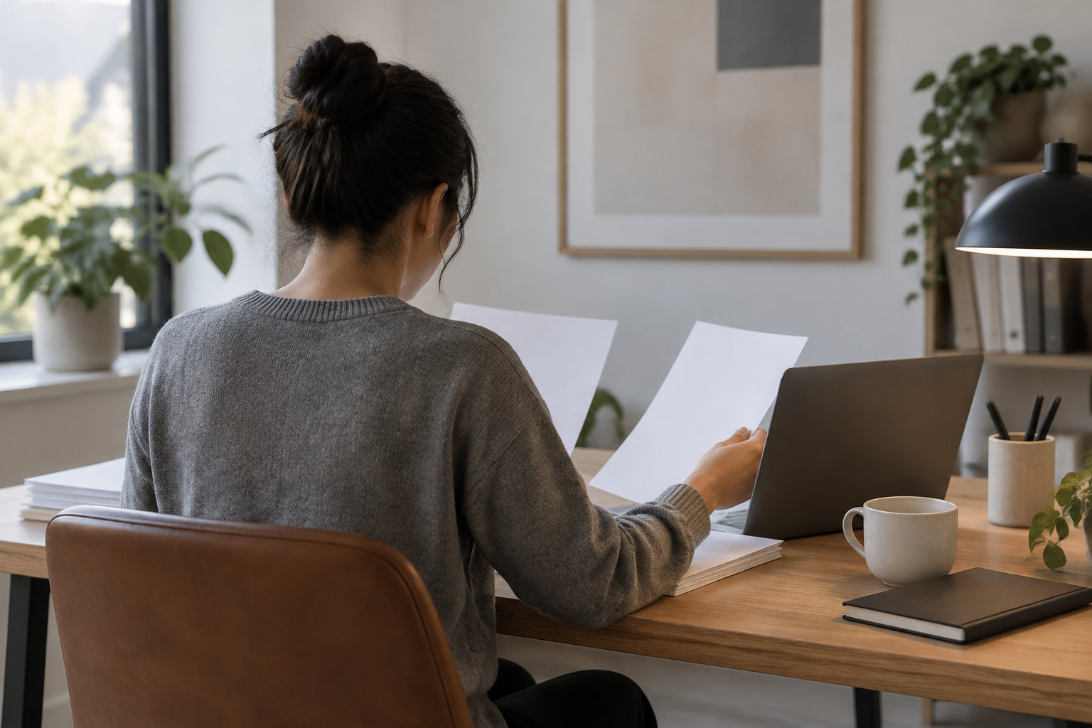 Une femme assise à un bureau tient des feuilles devant un ordinateur portable, dans une pièce lumineuse décorée de plantes.