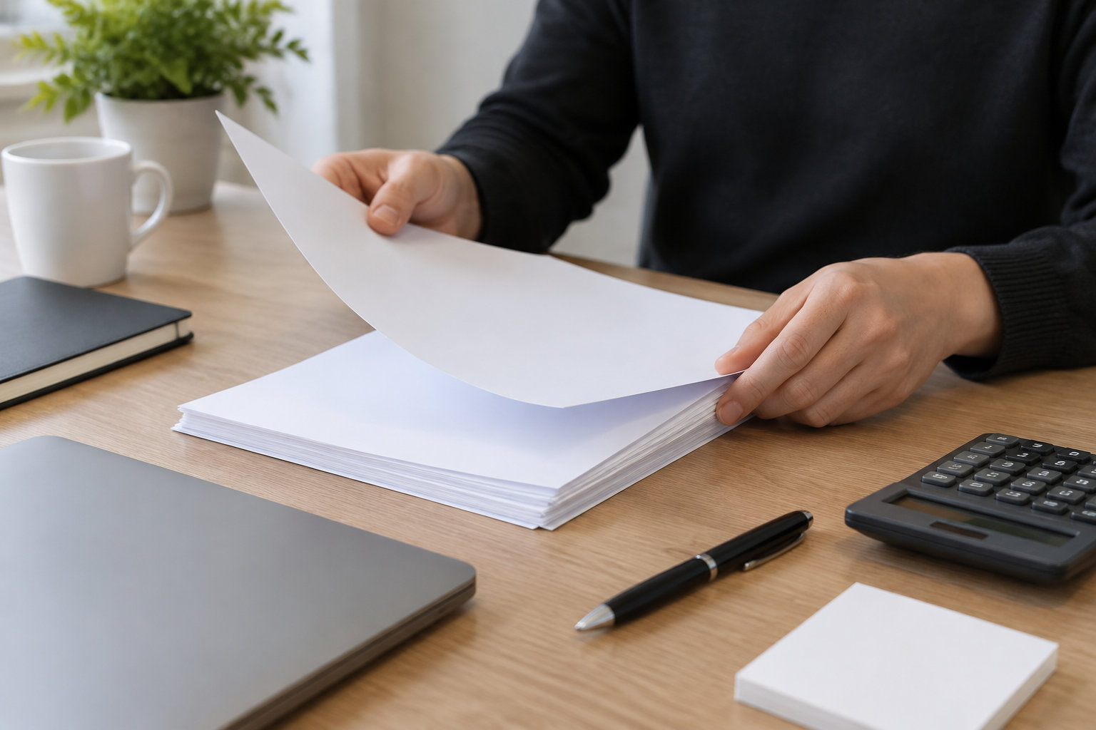 Une personne en pull noir soulève une feuille blanche au-dessus d’une pile de papier, sur un bureau avec un ordinateur portable, une calculatrice, un stylo, une tasse et un pot de plante.